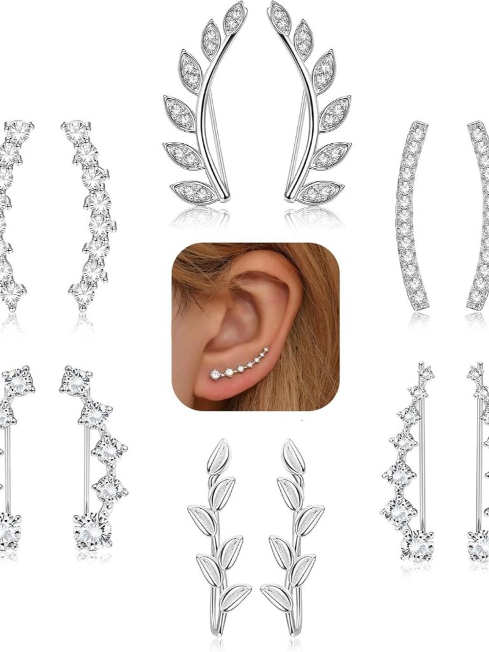 6Pairs Ear Cuffs Climber Hoop Earring CZ Arrow Crawler Stud Earring Jacket for W - Picture 1 of 6